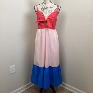 J.Crew Women’s Orange Pink Blue Stripes Color Block Tiered Maxi Front Tie